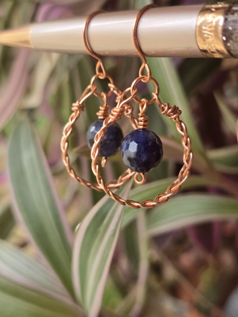 Copper braided earrings with natural gemstone