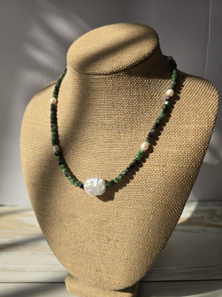 Ruby Zoisite and Freshwater Pearl Beaded Necklace