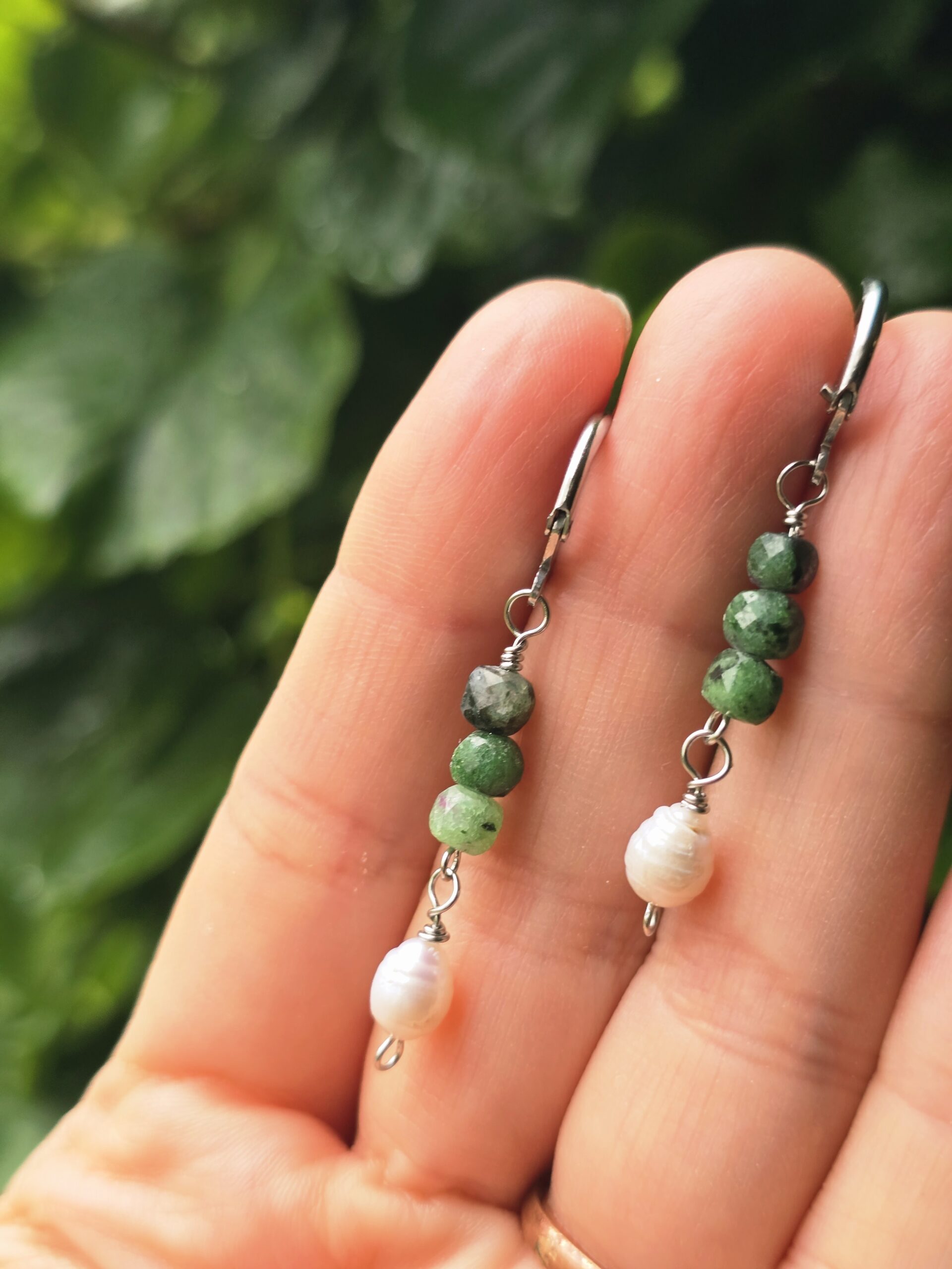 Ruby Ziosite and Freshwater Pearl Beaded Earrings - Image 2