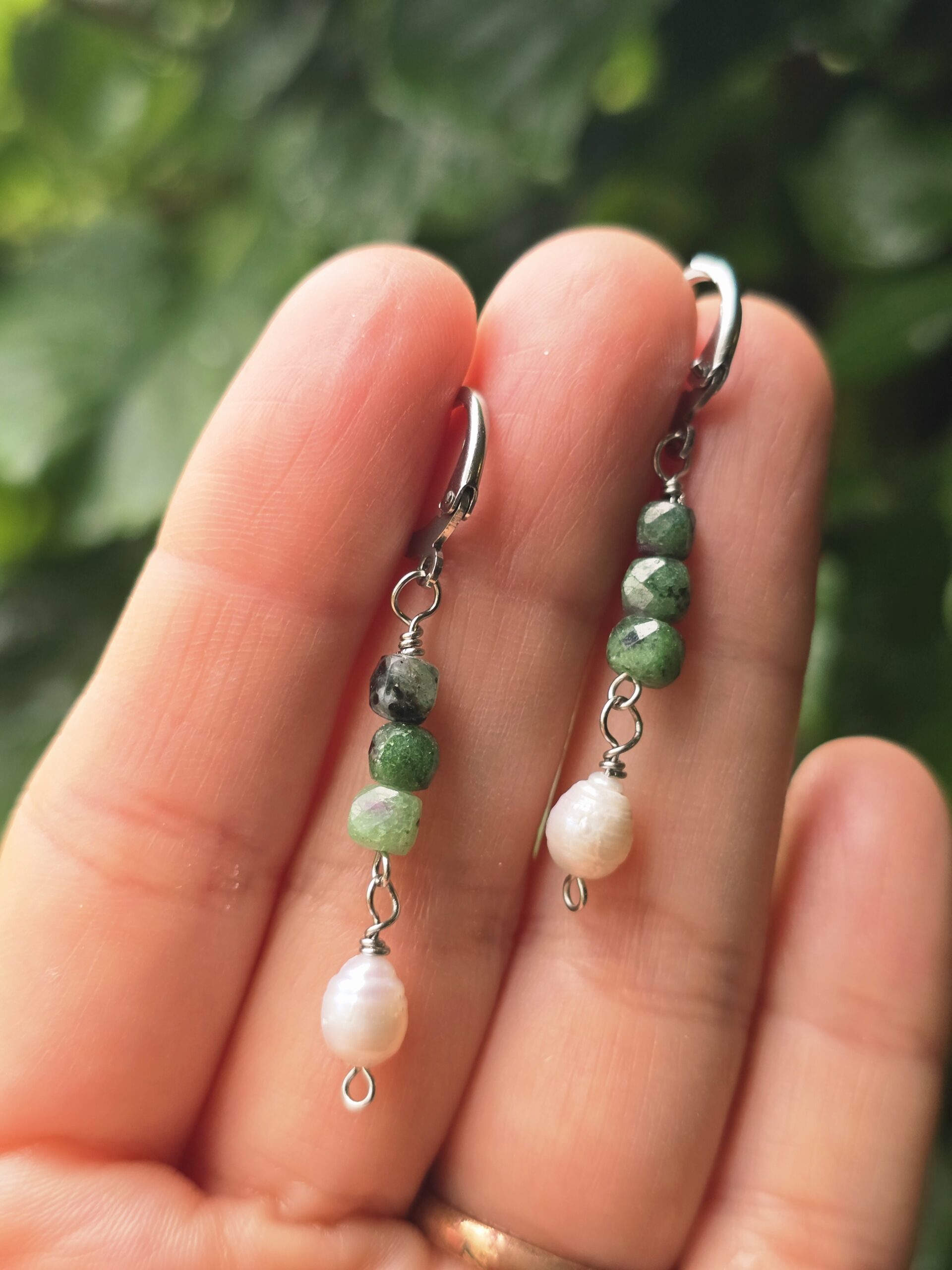Ruby Ziosite and Freshwater Pearl Beaded Earrings - Image 4