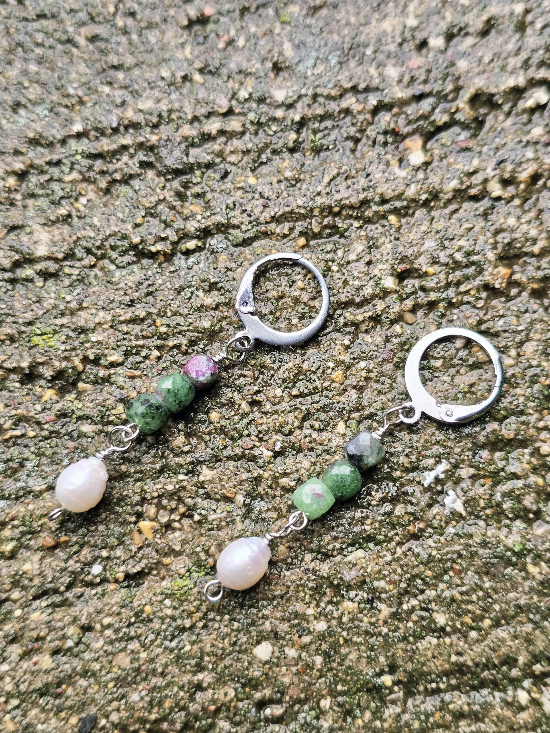 Ruby Ziosite and Freshwater Pearl Beaded Earrings - Image 3