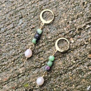 Ruby Ziosite and Freshwater Pearl Beaded Earrings