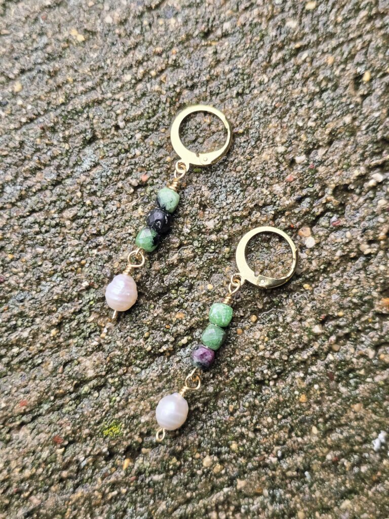 Ruby Ziosite and Freshwater Pearl Beaded Earrings
