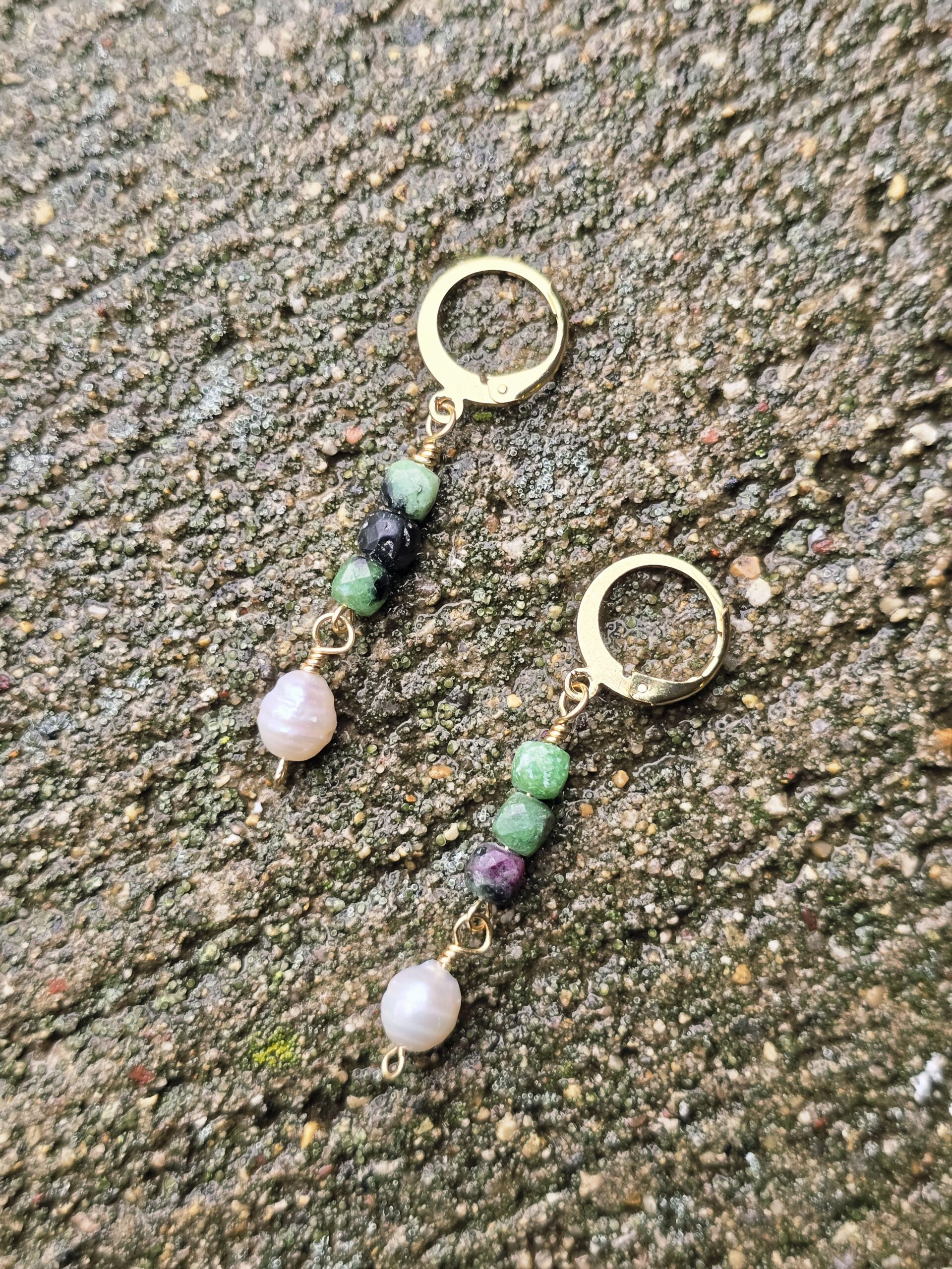 Ruby Ziosite and Freshwater Pearl Beaded Earrings