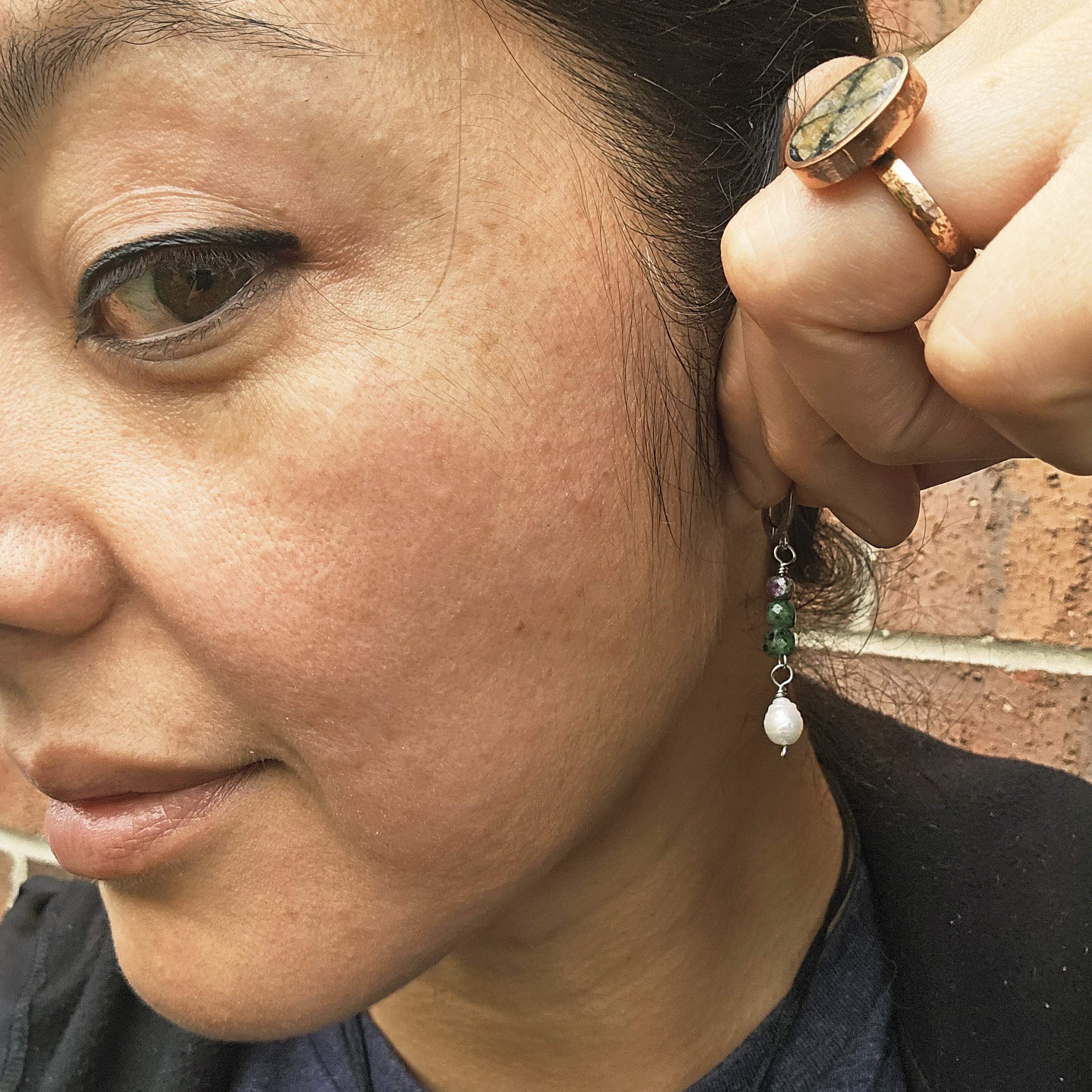 Ruby Ziosite and Freshwater Pearl Beaded Earrings - Image 5