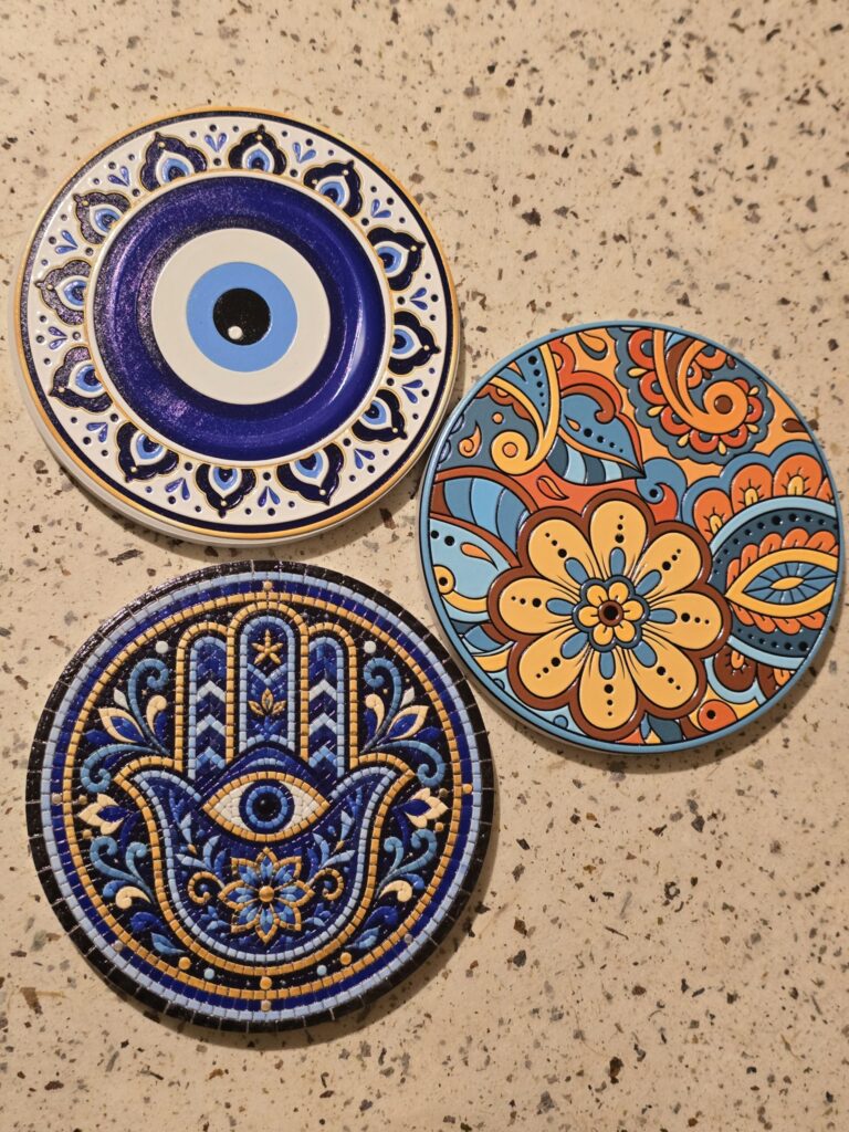 A set of three UV‑printed porcelain coasters showcasing boho floral, Hamsa hand, and evil eye designs. Each piece combines vivid color, cultural artistry, and durable craftsmanship for stylish tabletop protection.
